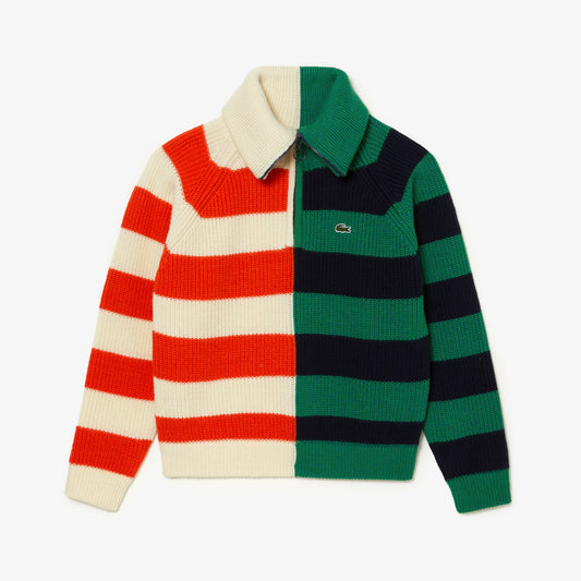 Wool Zip Neck Contrast Stripe Colourblock Sweater