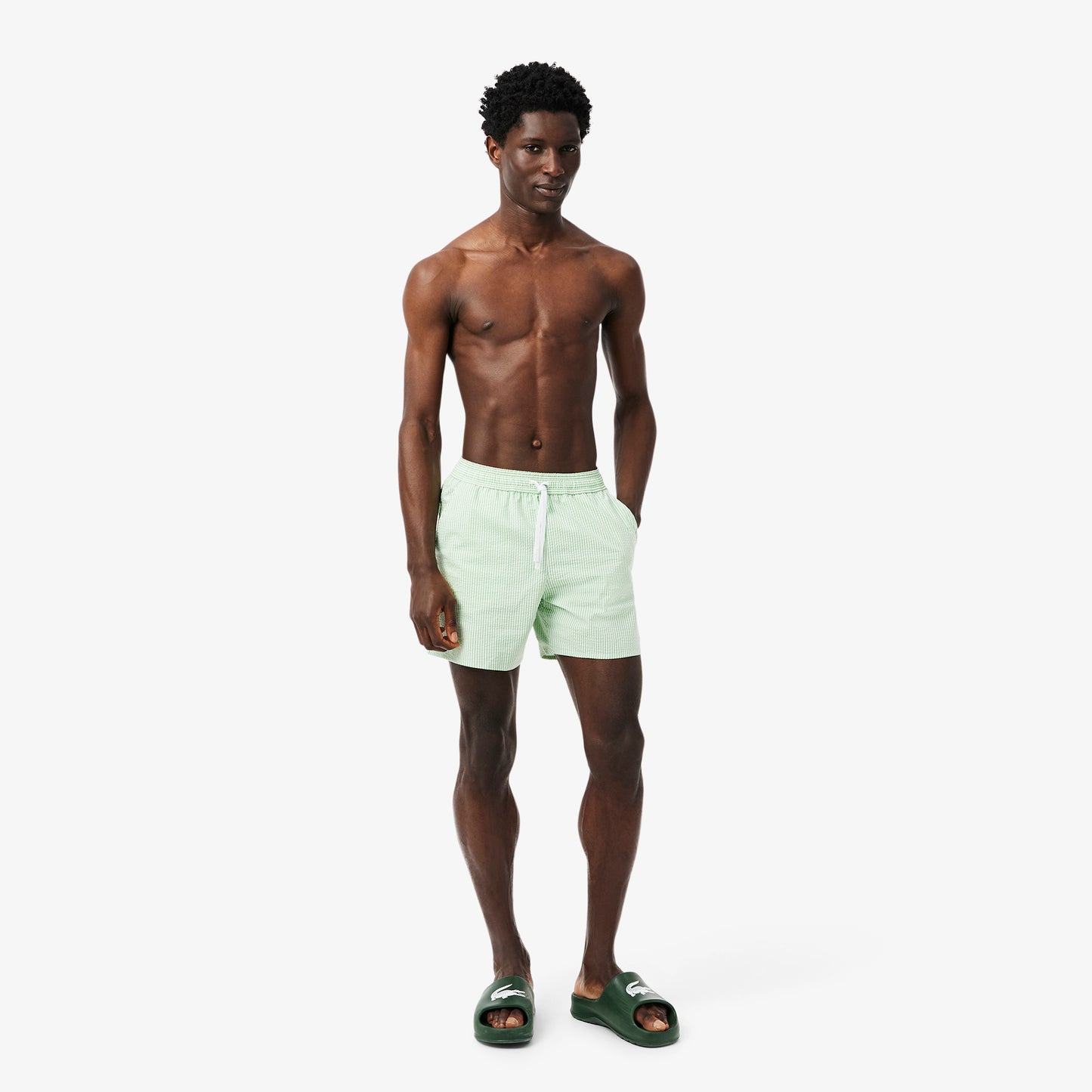 Mid Length Striped Textured Swim Trunks - MH9089
