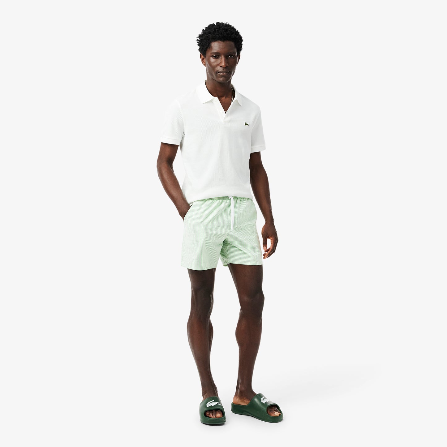 Mid Length Striped Textured Swim Trunks - MH9089