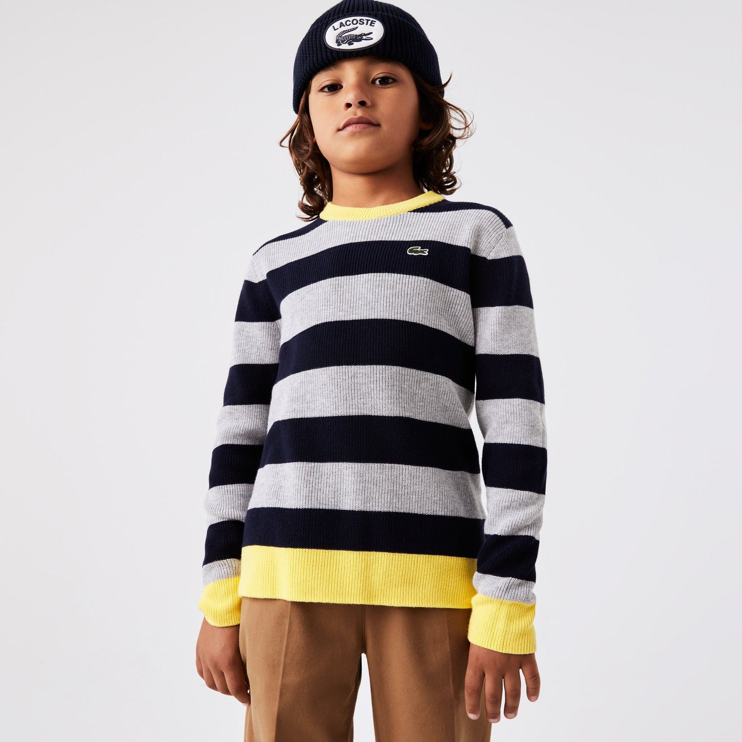 Boys' Lacoste Contrast Collar Striped Cotton Sweater - AJ9780