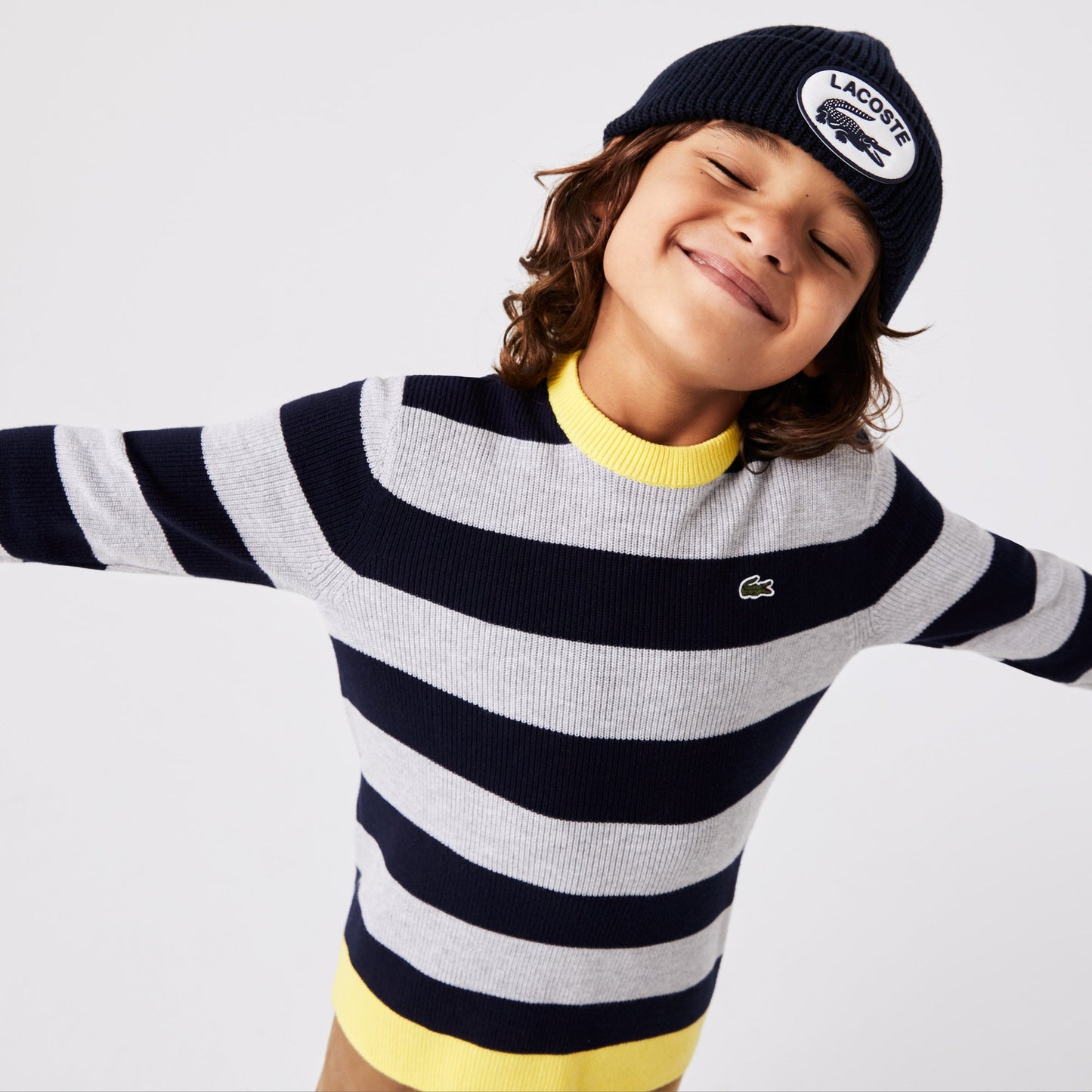 Boys' Lacoste Contrast Collar Striped Cotton Sweater - AJ9780